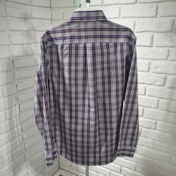 Banana Republic Men's Size Medium No Iron Slim Fit Purple White Blue Plaid Shirt - Picture 2 of 10